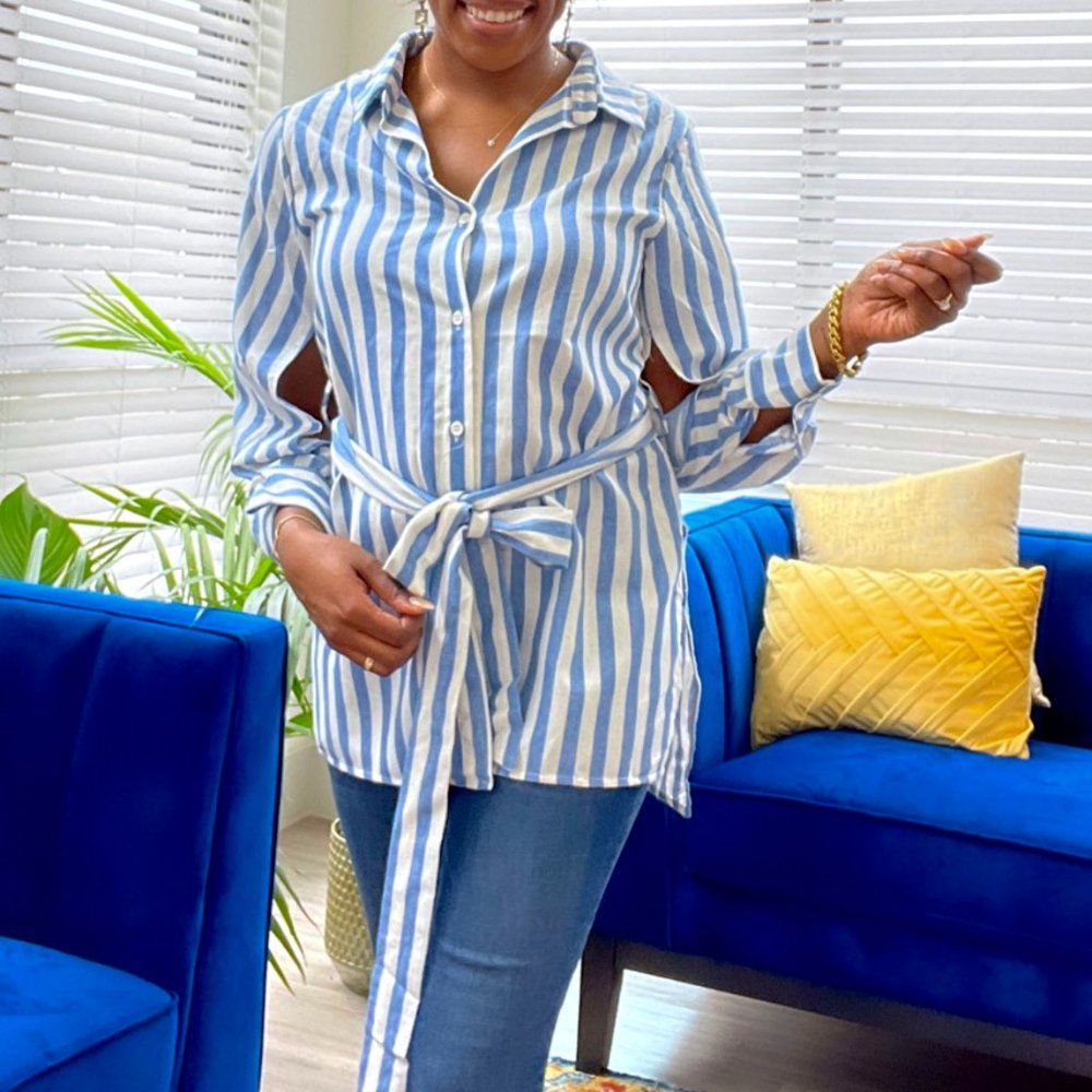 NEW Blue/White Stripe Button Up with Removable Belt